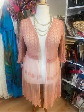 Sheer Embroidered Lace Cardigan in Dusty Pink